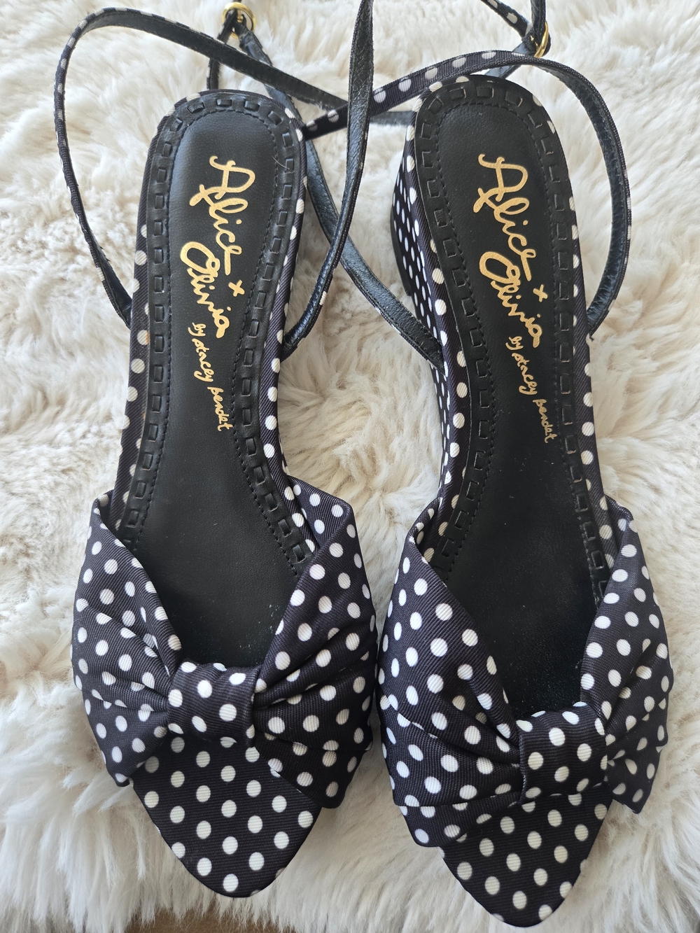 Alice + Olivia Black & White Polka Dot Bow Ankle-Strap Flats Size 10